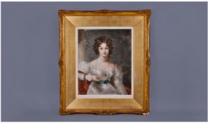 Framed Coloured Print depicting a Gainsborough Type lady in gilt frame. Signed indistinctly in