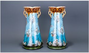 Minton - Secessionist Pair of Large Impressive Turquoise Vases, with Stylished Decoration. c.1900.