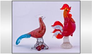 Murano/Italian Cockerel Figures, 2 In Total. Circa 1960`s. One 11 inches tall and the other 8.75