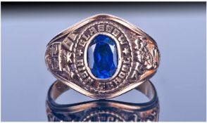 10ct Gold Collage Ring. Set with central blue stone. Marked Glasgow High School 1976. Marked to