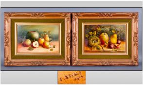 Pair of Still Life Fruit Painting On Panels. Signed and dated lower right. In gilt frames.