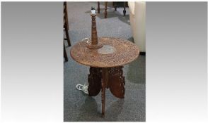 Carved Wooden Oriental Carved Table, 24 inches in diameter and 24 inches high together with wood