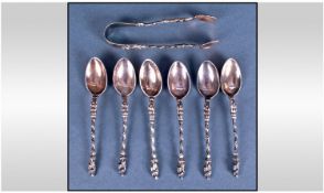 Victorian Silver Plated Set Of 6 Apostle Spoons. Plus a matching pair of sugar nips.