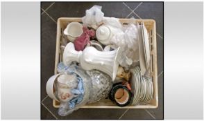 Box of Assorted Ceramics and Collectables including part teaset, figures, opera glasses,table ware