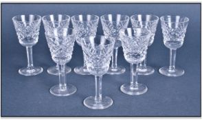 Waterford Fine Cut Crystal Set Of 9 Liquor Glasses. Each 3.5 inches high. All pieces in mint