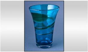 Whitefriars Kingfisher Blue & Green Glass Vase,  trailed ribbon vase, pontil to base. Designed by