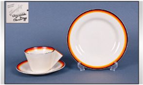 Clarice Cliff Hand Painted Bonjour Trio. Cup, saucer and side plate. `Bands` design. Circa 1935.