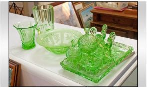 Collection Of Assorted Glassware. Green glass. Comprising tray, bowl, vases, lidded dishes, etc. 9