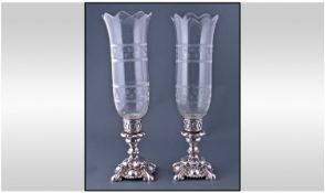Oneida W.A Rogers Fine Pair Of Silver Plated And Etched Glass Candle Holders. Of Ornate design.