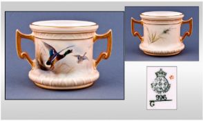 Royal Worcester Hand Painted Twin Handled Vase. Mallards in flight. Date 1890. Height 3.25 inches.