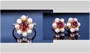 Vintage 9ct Gold Set Pearl And Garnet Cluster Ring. In a flower head setting. Fully hallmarked.