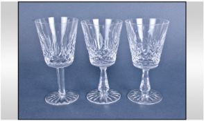 Waterford Fine Cut Crystal Large Water Goblets. 3 in total. Lismore pattern. Each 7 inches high.