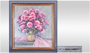 D.M Downham Early 20th Century Artist Still Life Chrystanthemums Oil On Board. Signed. Mounted and