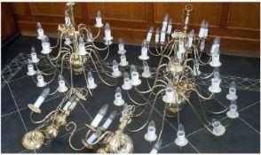 Two Matching 18 Branch Chandeliers, in brass top. With a smaller 14 branch chandelier of the same