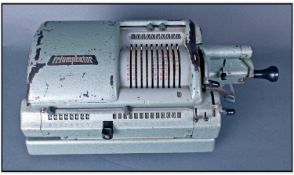 A Vintage Triumphator Hand Roll Adding Machine, coloured galvanized case.