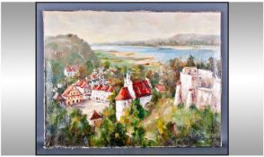 Large Oil on Canvas by Polish Artist Kazimierz. Panaromic View of Dolny Poland. 97 by 73 inches.