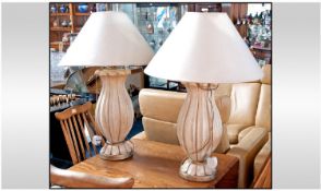Pair Of Contemporary Heavy Globular Shaped Lamps. Cream shades. Height 31 inches.