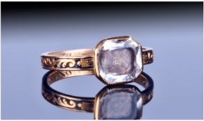 George III Mourning Ring, Closed Back Setting With Braided Hair Behind Clear Crystal, Scroll