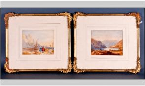 Early 19th Century Unsigned Pair Of Watercolours, 1. Two ladies standing by a boat in a coastal