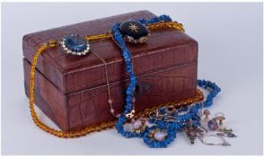 Leather Clad Jewellery Box Containing Miscellaneous Costume Jewellery. Including beads, morning