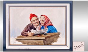 Framed Italian Watercolour. `Elderly Couple Reading Newspaper` Framed and Mounted Behind Glass.