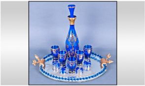 Vienna Style Blue Glass Overlaid With Gold Six Piece Glass Wine Set, with decorative two fish