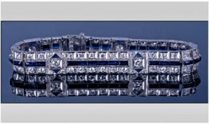 Art Deco Style 18ct White Gold Set Diamond And Sapphire Bracelet. The brilliant cut diamonds of