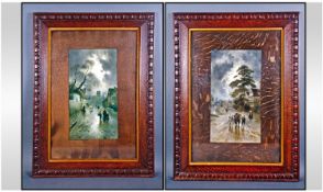 Pair of Country Night Scene Prints in carved oak frames.