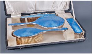 A Fine Silver And Blue Enamel Backed Ladies 4 Piece Dressing Table Set. Comprises hand mirror, hand