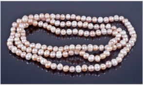 White, Pastel Pink and Pale Lilac Freshwater Pearl Rope Necklace, ovoid cultured pearls, hand