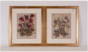 Pair of Framed and Glazed Modern Abstract Floral Paintings. Continental Origin. Signed Luciano