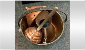 Brass Jam Pan with iron handle, together with two copper potters and copper jug.