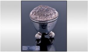 Victorian Silver Pin Cushion In The Form Of An Egg Cup. Raised on three melon shaped legs. Hallmark