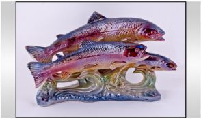 H. Bequet Quaregnon Pottery Hand Finished And Fine Vintage Lustre Ceramic Figure Of 3 Salmon In