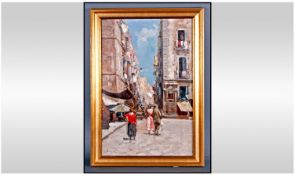 Paini, Early 20th Century Italian Street Scene with tall apartment buildings by a narrow street,