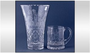 Cut Glass Golfing Vase with etched decoration of a lady golfing figure together with heavy glass