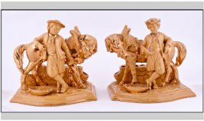 Pair Of German Eichwald Brown Glazed Gilt Flashed Pottery Figural Pipe Racks. Depicting a farmer