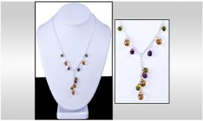 Amethyst, Peridot and Citrine Y Shaped Necklace, faceted briolette cut stones suspended from the