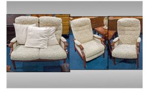 Teak Framed Contemporary Style Small Suite, Comprising 2 Seater Sofa and 2 Style Arm Chairs.