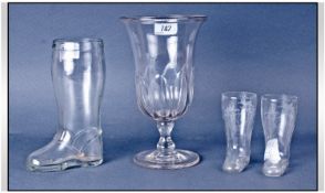 Celery Vase 9`` in height together with three glass boots (1 large 2 small).  (4 in total)