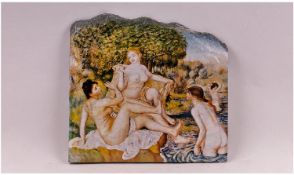 A Coloured Picture/Print On A Slate Panel With Rough Edges, depicting nude bathers.