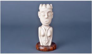 East African Colonial Ivory Figure, Height 5¾ Inches, Raised On An Exotic Wood Turned Base. c1900