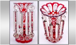 Bohemian Ruby And Clear Glass Lustre, with 10 cut glass prisum drops. Very good quality lustre.