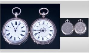 Silver Open Faced Fob Watch. With white enamel dial. Roman Numerals. Key wind. 39mm Continental