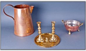 Collection Of Metalware including tray, large jug, pair of candlesticks, strainer etc.(5)