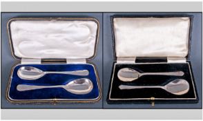 Two Sets Of Silver Spoons, All Fully Hallmarked, Silk & Velvet Lined Fitted Case.