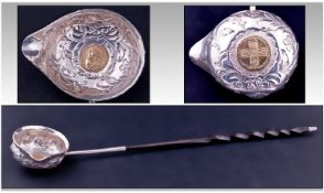 George II Very Fine Silver Toddy/Ladel with a Twist Baleen Handle Set with George II Silver Coin to
