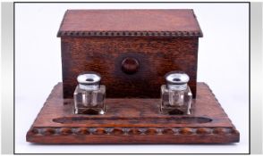 19th Century Oak Desk Stationary Box. Incorporating a twin ink stand. Complete with glass inkwell