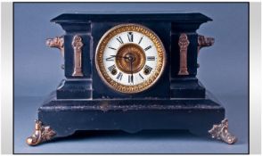 Asonia Clock Company Of New York 8 Day Striking Movement Black Slate Mantel Clock. Circa 1890. with