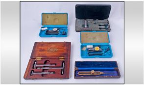 Five Boxed Instruments gauging and measurement tools. Makers include Moore and Wright, Verdict,